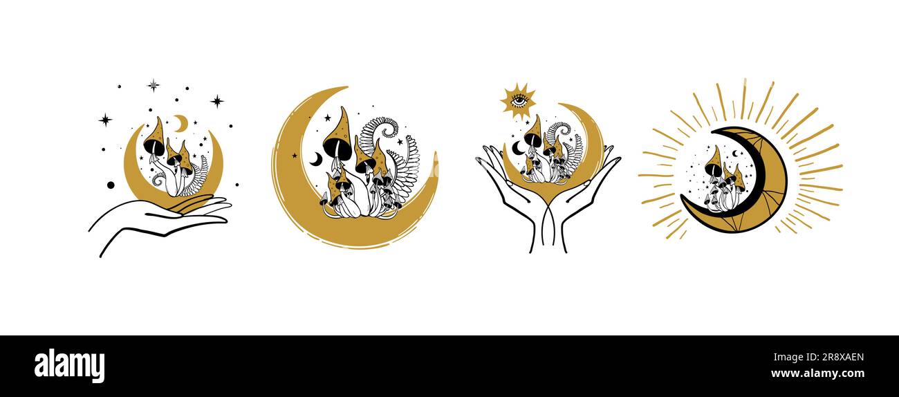 Ensemble logo avec champignons agariques de mouche, mains et lune de femmes, autocollants vintage halloween, concept de microdosage. Sorcière tirée à la main boho tatouage, esote vecteur Illustration de Vecteur