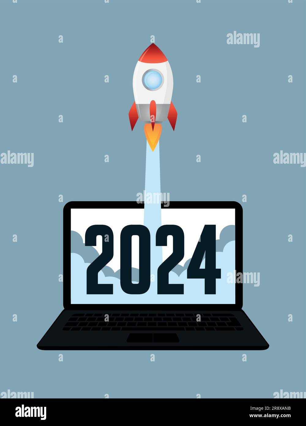 lancement de la fusée depuis l'ordinateur portable jusqu'à l'année 2024 Illustration de Vecteur
