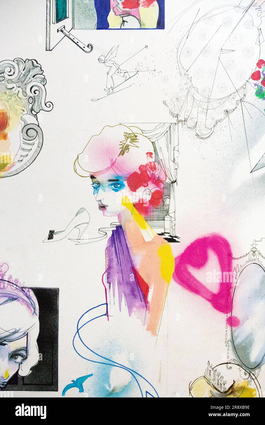 Papier peint représentant la princesse Diana de l'illustratrice Julie Verhoeven, imprimé par Cole & son, au Palais de Kensington, Londres, Angleterre, Royaume-Uni Banque D'Images