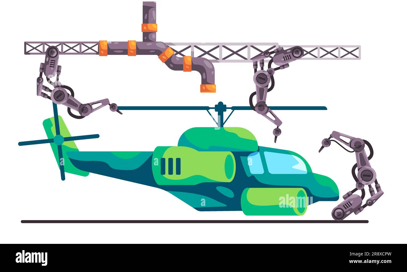 Hélicoptère air-craft assemblage broyeur bras mécanique robotique ligne de production automatisation du processus de fabrication Illustration de Vecteur