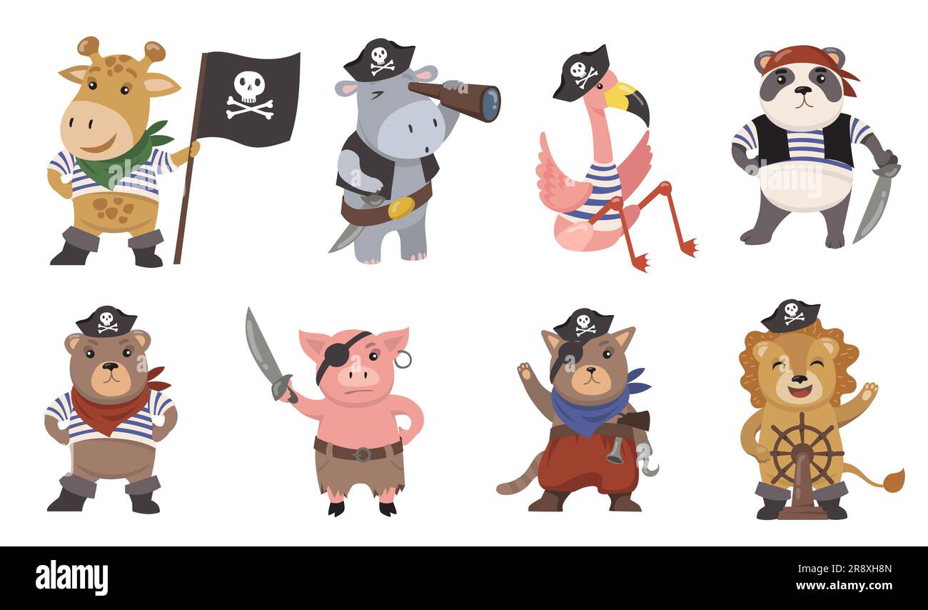 Ensemble d'illustrations plates Little Animal Pirates mignon Illustration de Vecteur