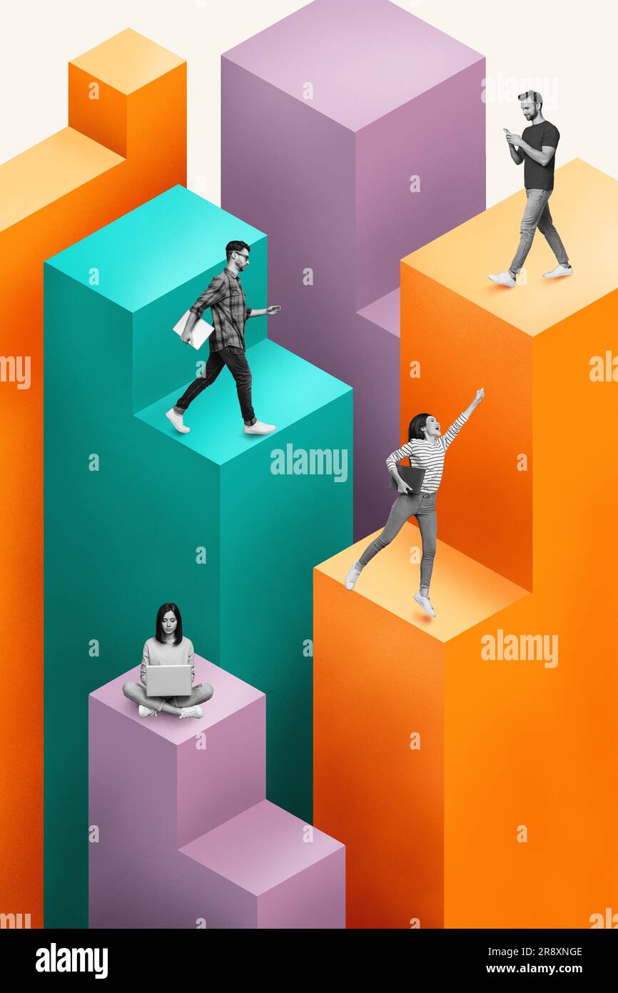 Collage vertical de mini effet noir blanc les gens utilisent netbook smartphone saut à la plate-forme isolée sur fond créatif Banque D'Images