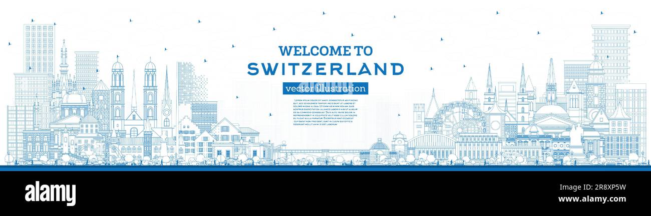 Bienvenue en Suisse. Outline City Skyline avec Blue Buildings. Illustration vectorielle. Architecture moderne et historique. Suisse Illustration de Vecteur