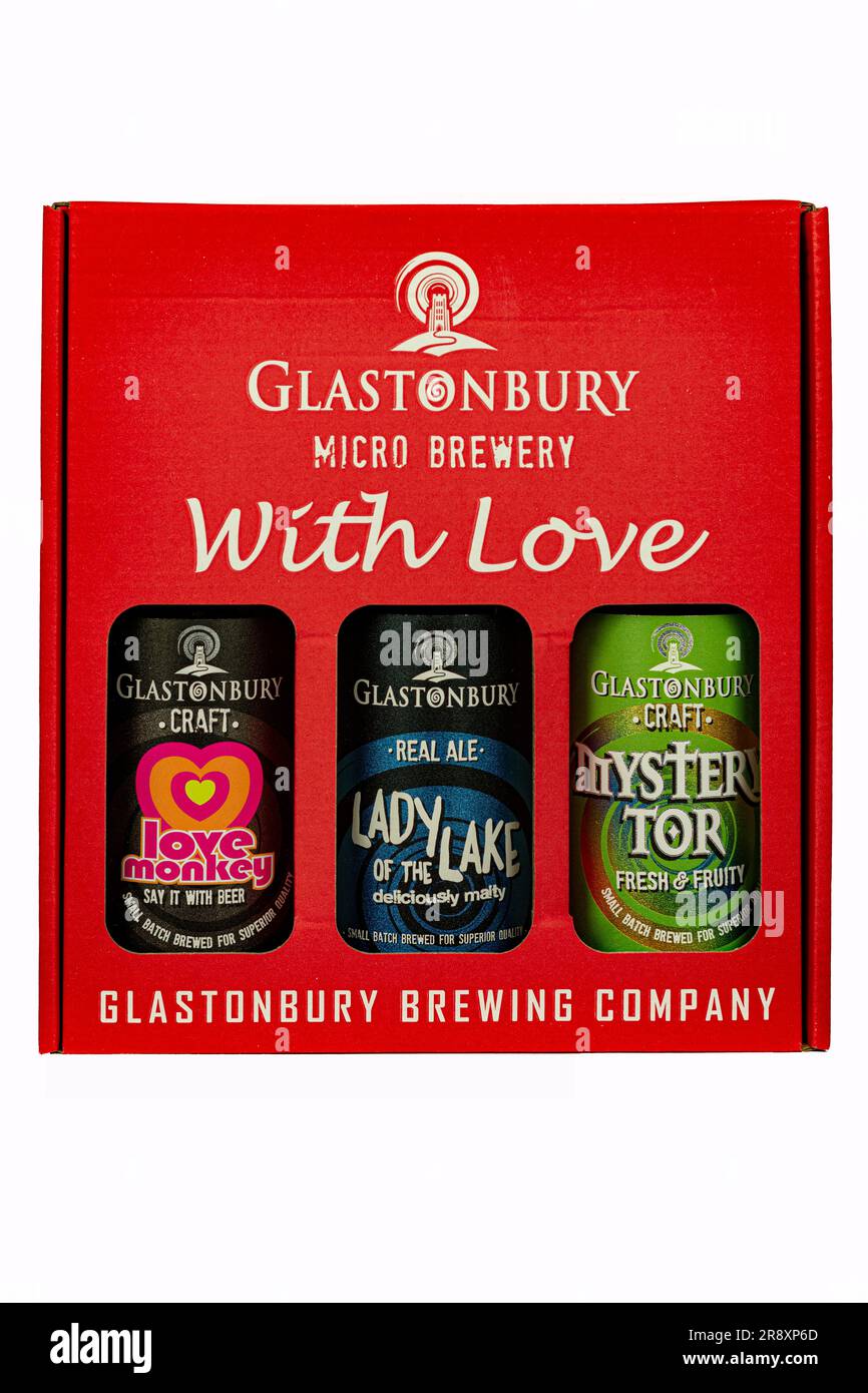 Boîte cadeau Glastonbury Brewing Co trois bières en bouteille. Banque D'Images