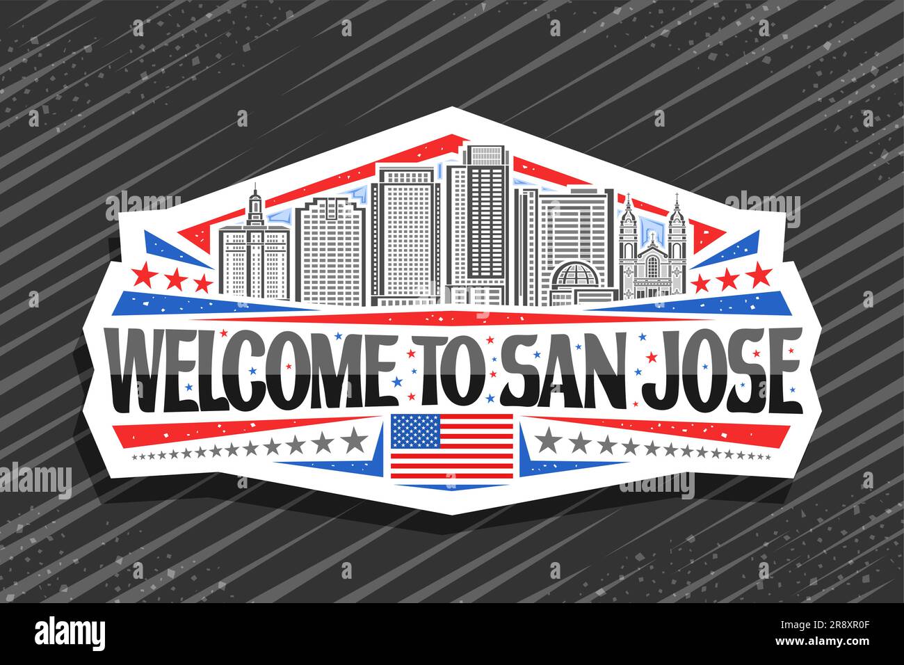 Logo Vector pour San Jose, étiquette décorative blanche avec illustration de la célèbre ville californienne sur fond de ciel de jour, art design frigoriato Illustration de Vecteur