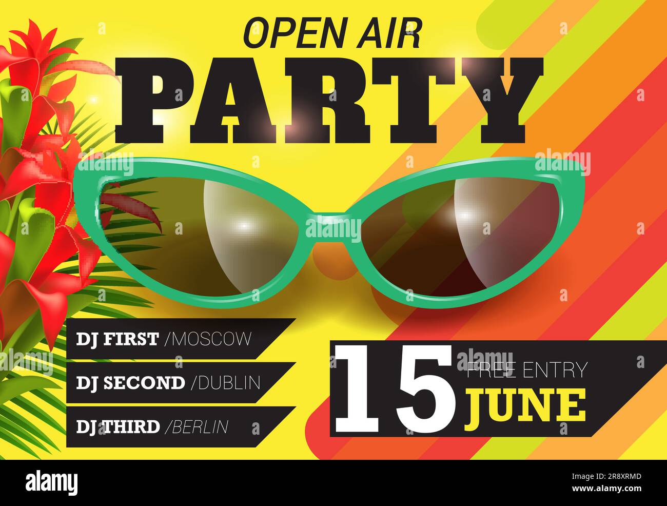 Open air, fête, 15 juin lettrage avec lunettes de soleil vertes Illustration de Vecteur