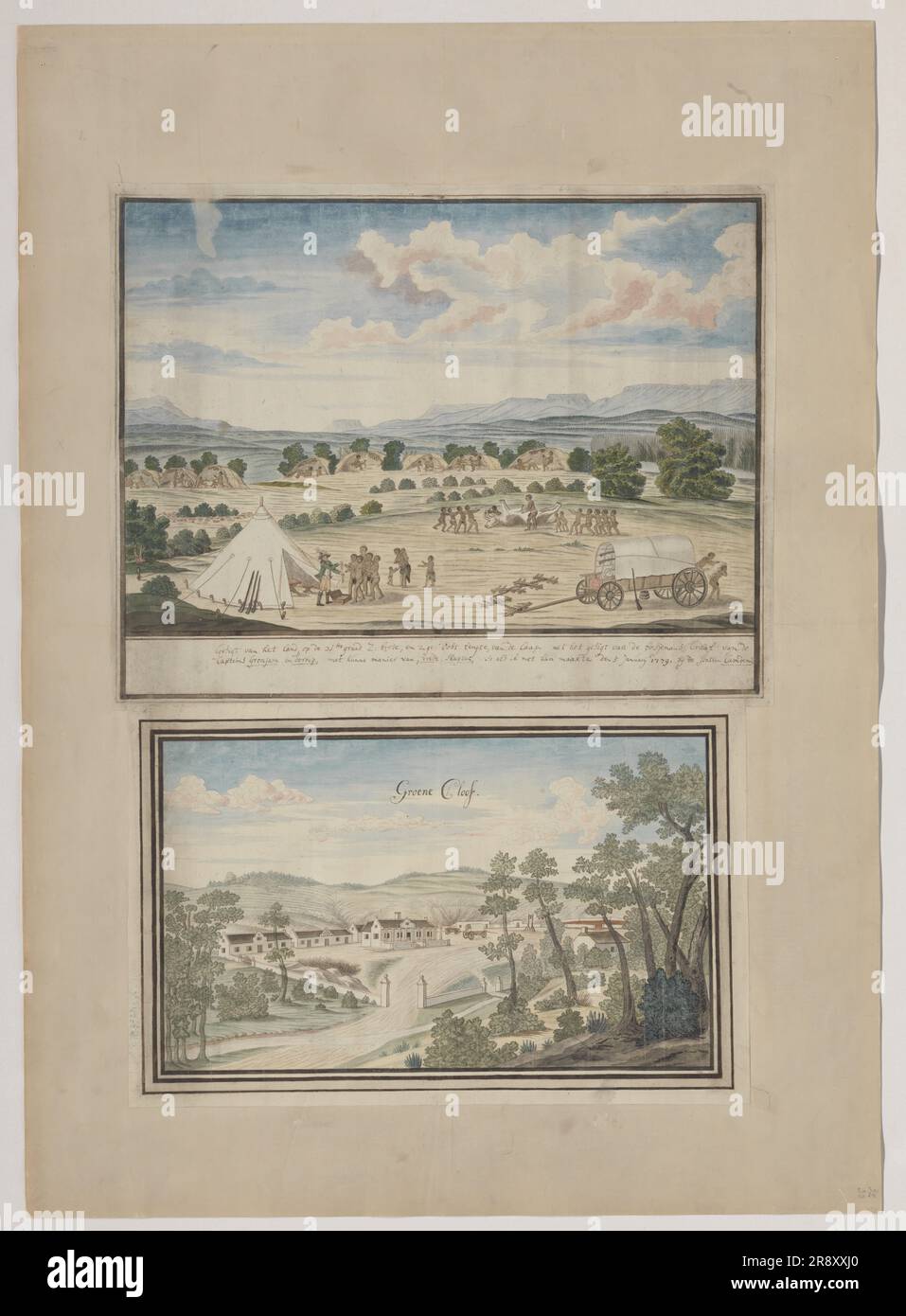 Robert Jacob Gordon au Kraal des leaders Khoisans Gronjam et Doroep, avec un Ox abattu comme rituel de paix, 1779. Au kraal des San leaders Gronjam et Doroep, près du Kamdanifontein (rivière). Les dirigeants ont également été appelés Vredevelt et Schonveldt par Gordon. En bas à gauche, Gordon s'est représenté lui-même. Et vue de la Dutch East India Company&#x2019;s bovines-post Groenkloof, vers 1778-1779 Banque D'Images