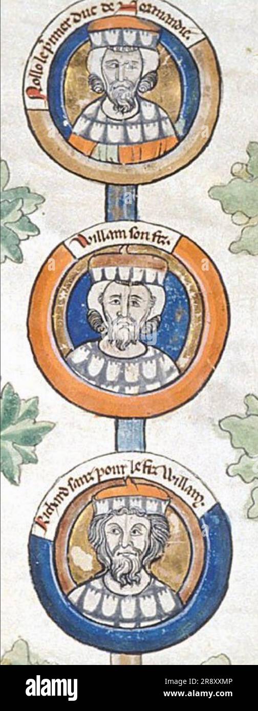 ROLLO Premier viking souverain de ce qui est aujourd'hui la Normandie. Il est montré à ntop avec ses descendants William I Longsabre et Richard de Normandie Banque D'Images