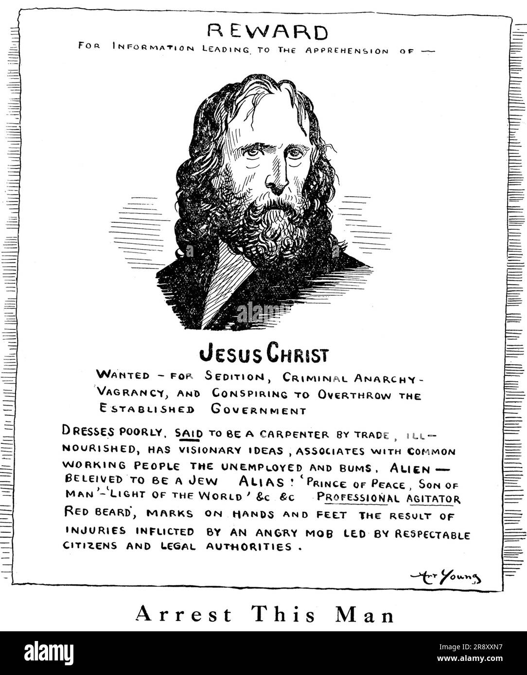 JESUS ARRÊTÉ CARICATURE Une caricature politique américaine d'Art Young du Good Morning Magazine en août 1921 Banque D'Images