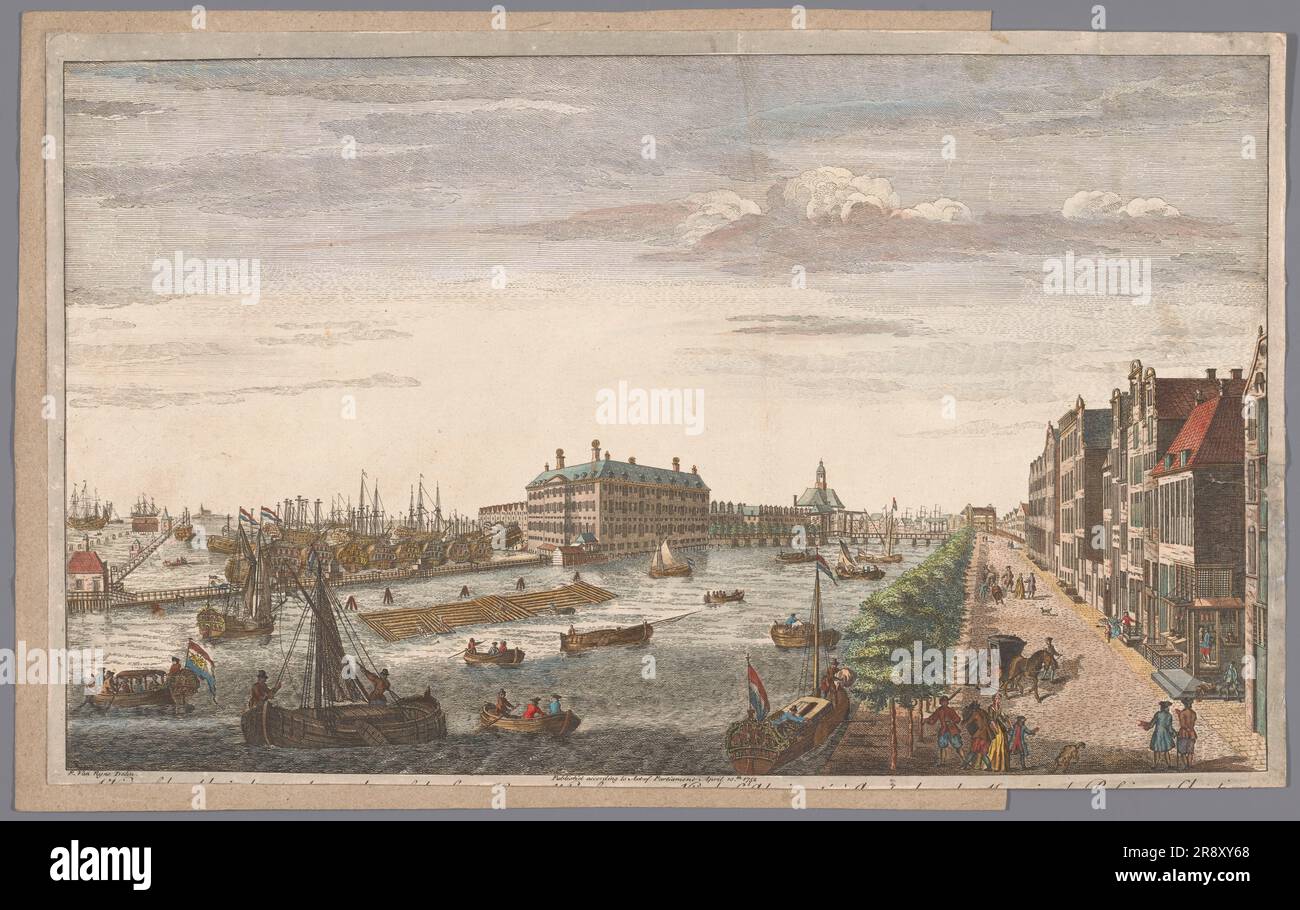 Vue sur l'entrepôt de l'Amirauté à Amsterdam, 1752. Une vue de l'Amirauté à Amsterdam, des maisons de magasins, des quais et des quais, qui lui appartiennent, et de la Compagnie de l'Inde de l'est des pays-Bas. Banque D'Images