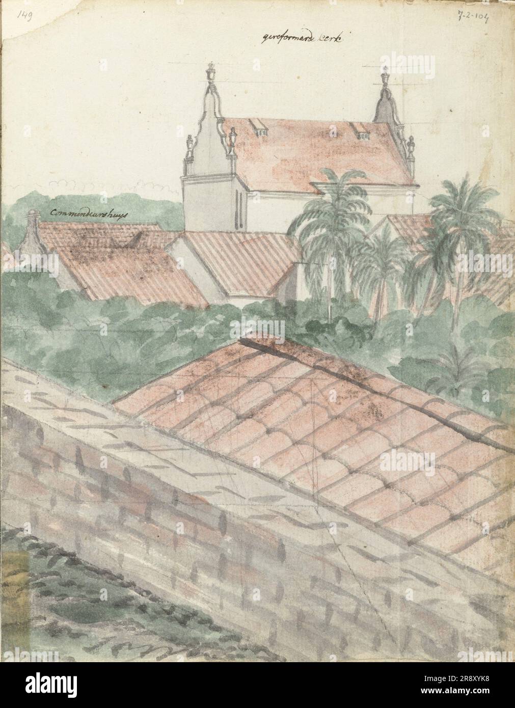 Vue sur Galle, 1785-1786. La ville de Galle à Ceylan (aujourd'hui Sri Lanka), avec la maison du commandant, l'église réformée, l'entrepôt de la Compagnie (Dutch East India) et l'Adamsberg au loin. Banque D'Images