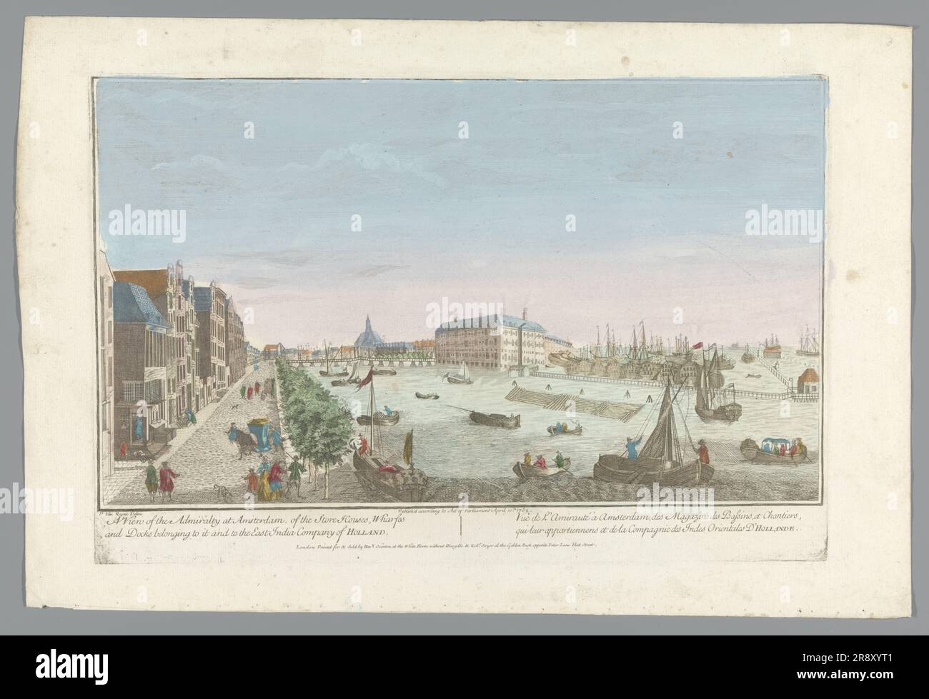 Vue sur l'entrepôt de l'Amirauté à Amsterdam, 1752. 'Une vue de l'Amirauté à Amsterdam, des maisons de magasins, des quais et des quais, appartenant à elle et à la Compagnie de l'Inde de l'est des pays-Bas'. Notez la chaise de berline en bas à gauche. Banque D'Images