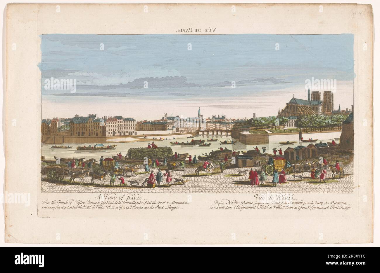 Vue sur la ville de Paris depuis le Quai de miramion, 1749-1799. 'De l'église de Nostre Dame au Pont de la Tournelle, pris du quai de miramion, où sont vus à distance l'Hôtel de ville, St. Jean en Greve, St. Gervais [Saint-Gervais-Saint-Protais] et le Pont Rouge. Circulation sur la Seine. Banque D'Images