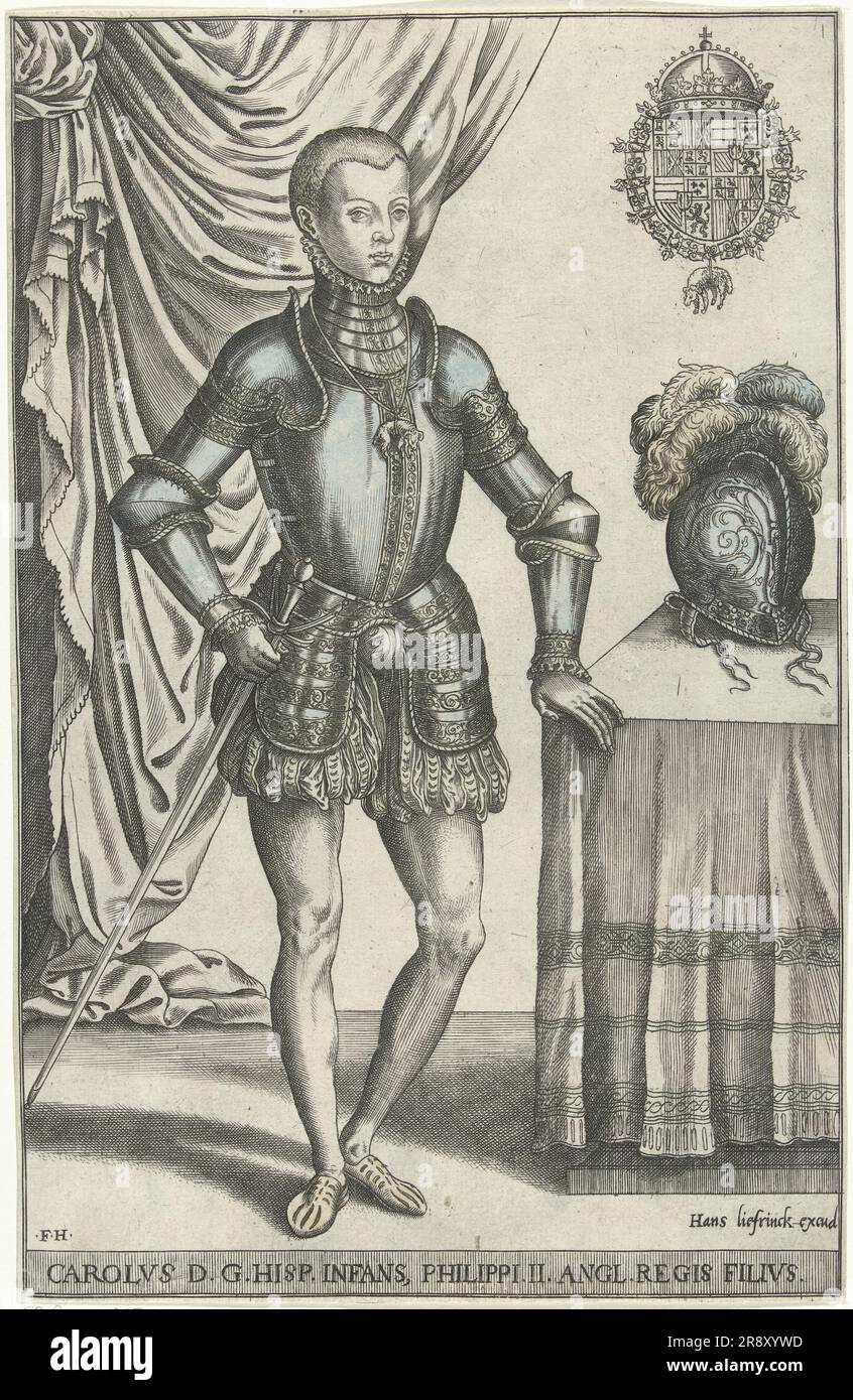 Portrait de Don Carlos, 1546-1562. Portrait de Don Carlos, infante de l'Espagne, en haut à droite de son blason. Carlos, prince des Asturies, était le fils aîné et héritier apparent du roi Philippe II d'Espagne. Banque D'Images