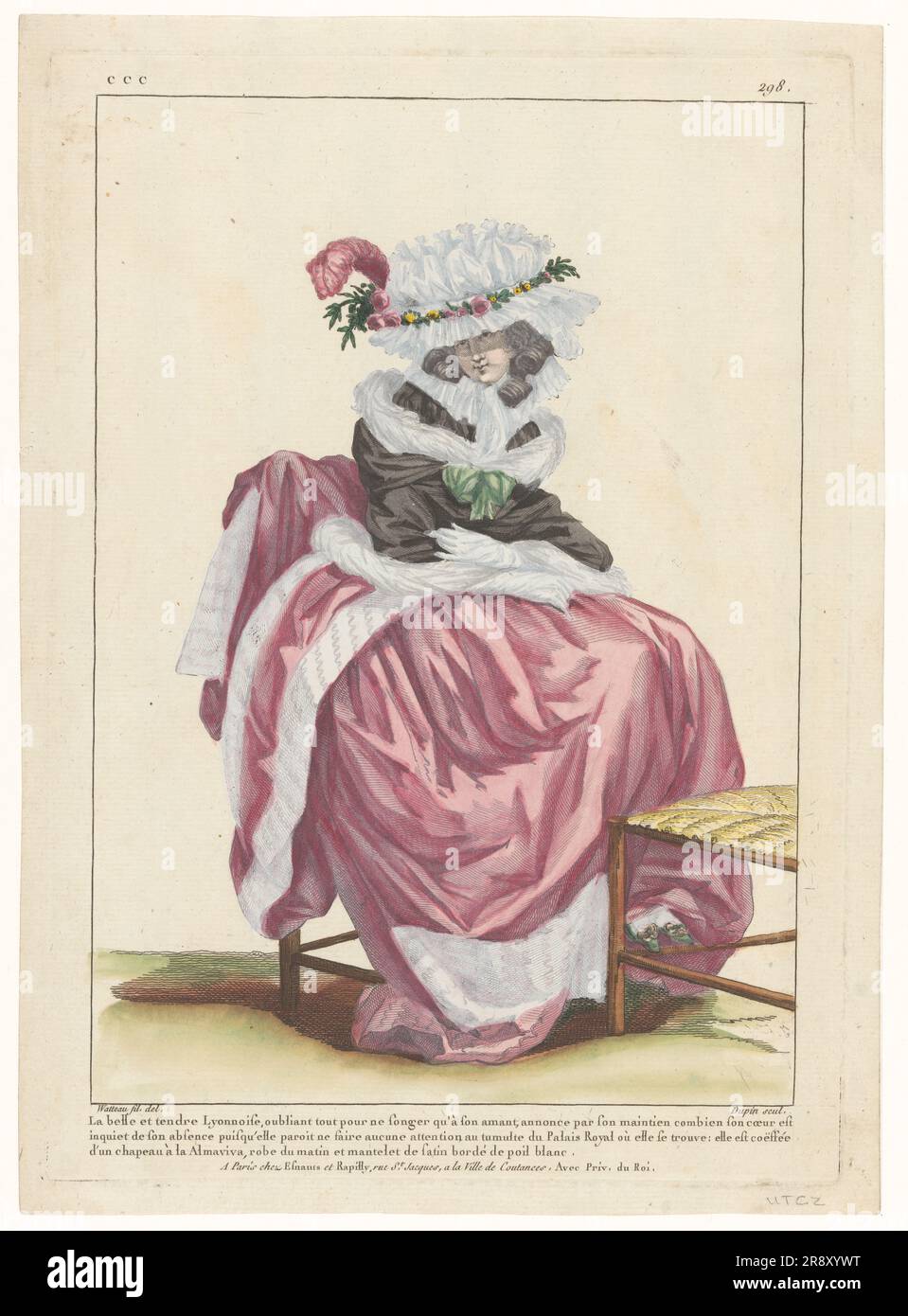 Galerie des mode et costumes français, 1785, ccc.298:, 1782. 'La belle et tendre Lyonnaise, ouffant pour ne songer qu'il y a xe0; son amant, annonce par son principal combien son coeur est silencieux de son absence puisqu'elle paroit ne fait aucune attention au ventre du Palais Royale où elle se trouve: Elle est co& xeb;xe0;xe9;un#eb;e#;1 la Almaviva, robe du matin et mantelet de satin bordé de poil blanc'. (La belle et tendre Lyonnaise, oubliant toujours et rêvant seulement de son amant, indique par son comportation comment son coeur est perturbé par son absence, elle pa Banque D'Images