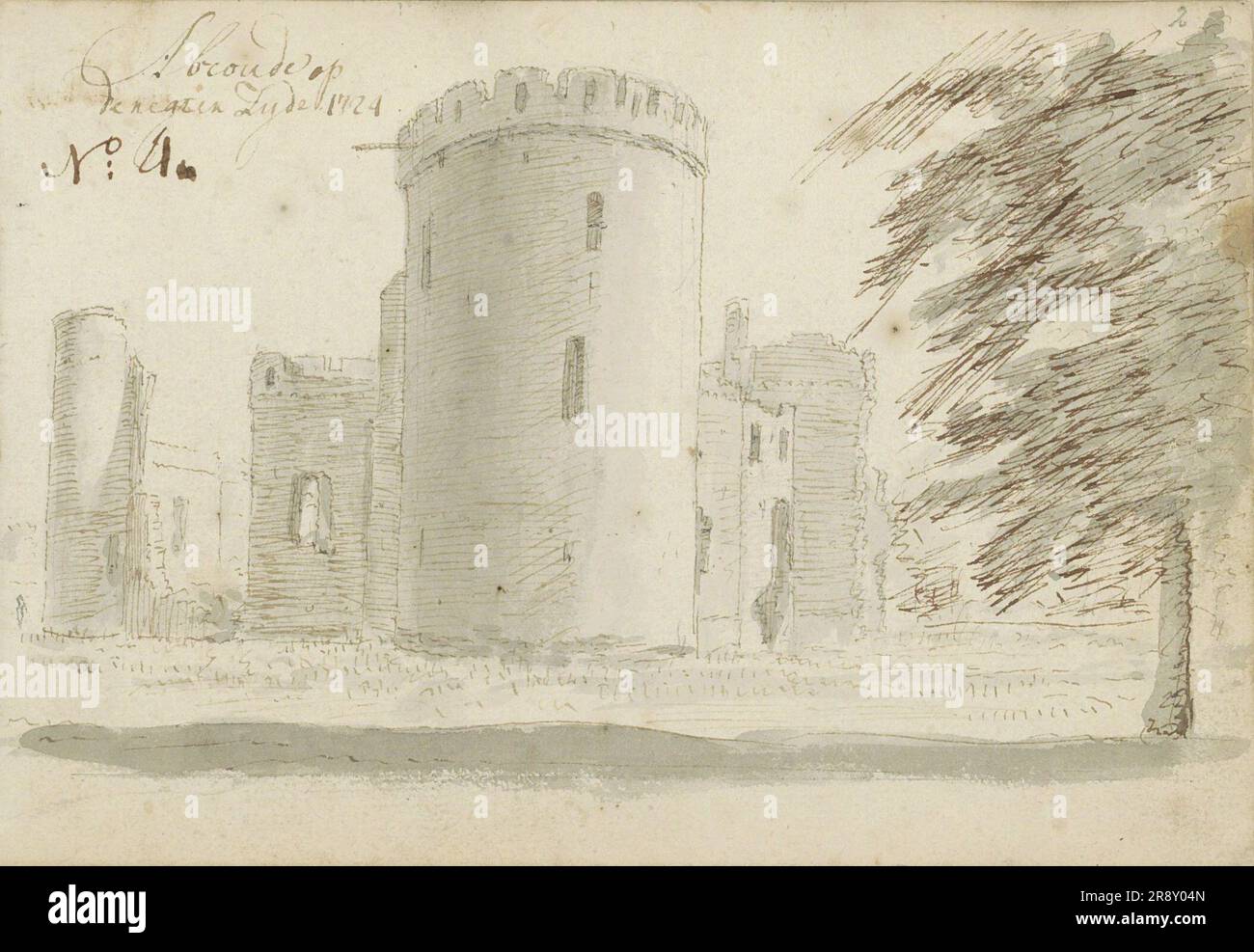 Ruine du château d'Abcoude, 1724. Ruines du château d'Abcoude vu du côté droit avec le bastion. Banque D'Images