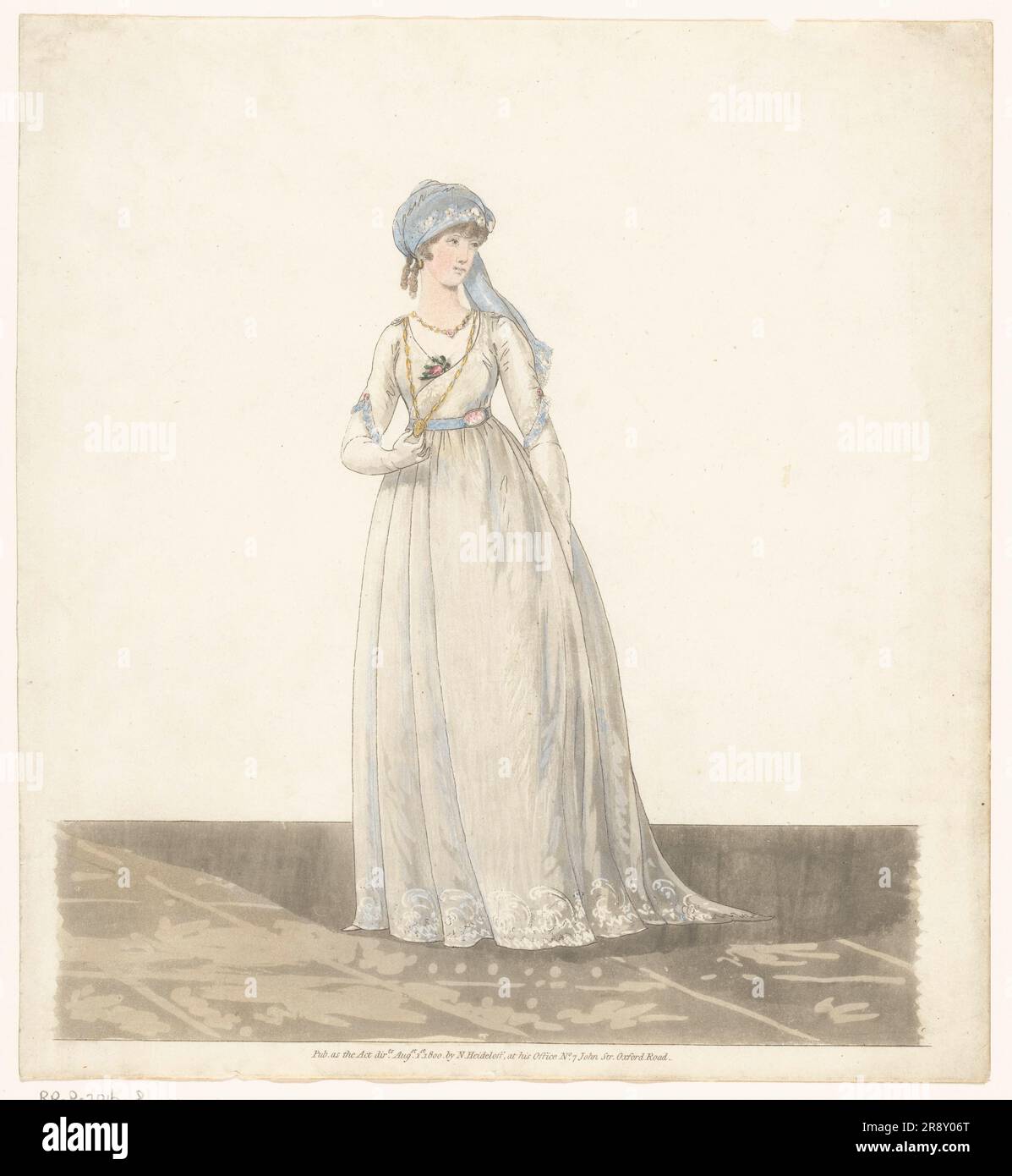 Galerie de la mode, 1800. Jeune femme debout avec voile bleu. Banque D'Images