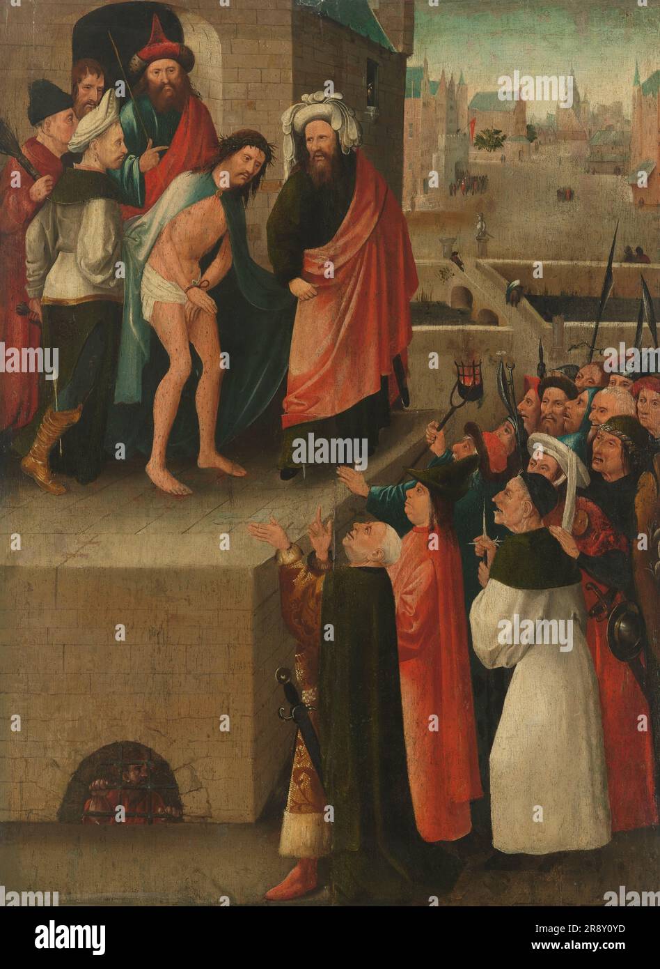 ECCE Homo, c.1530-c.1550. Le sujet de cette peinture est le moment où Pilate, en présence des grands prêtres, montre le Christ couronné d'épines au peuple juif. L'image montre également une fenêtre ronde avec Barabbas dans le donjon. Banque D'Images