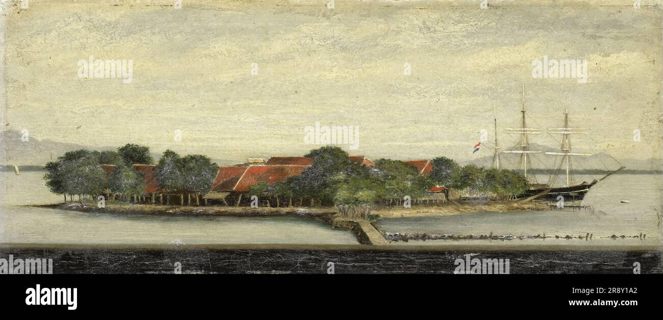 Vue sur l'île Kuiper dans la baie de Batavia, 1855-1882. Avant-poste insulaire de 17th ans pour les commerçants hollandais dans ce qui est maintenant l'Indonésie. Banque D'Images