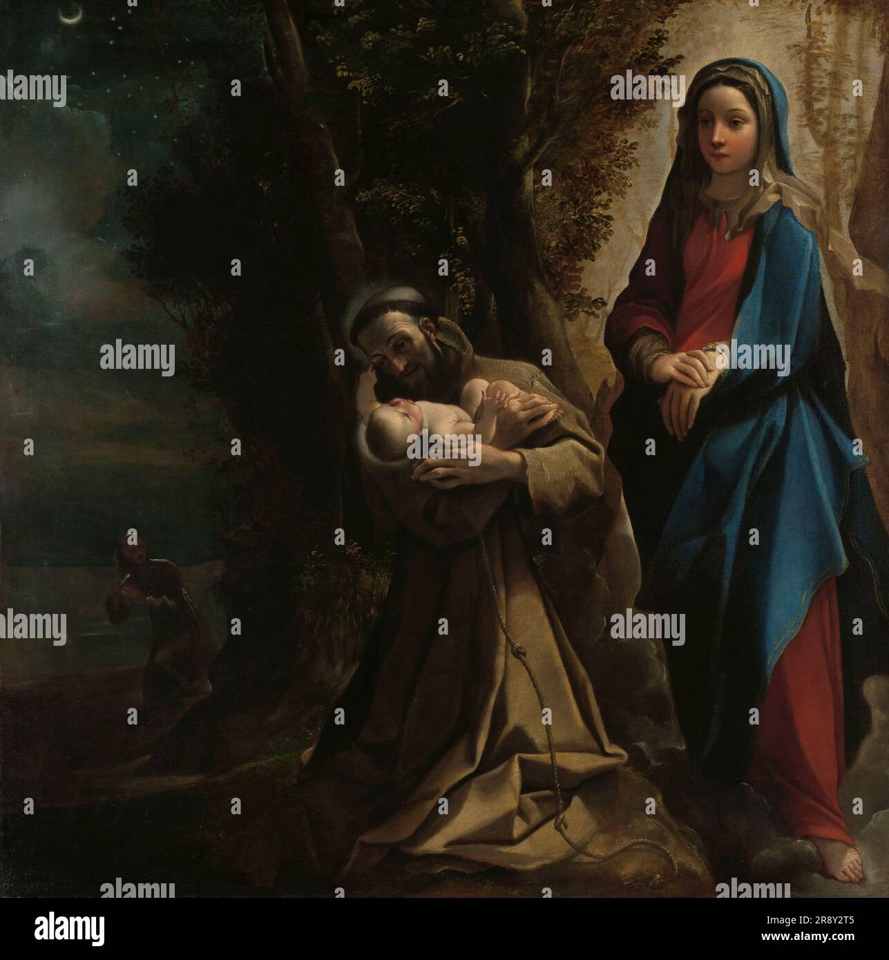 La vision de Saint François d'Assise, 1583-1585. Ludovico Carracci a été l'un des premiers peintres à explorer le côté émotionnel de la révélation religieuse. Ici, il a illustré, pour la première fois dans l'art, un épisode dans lequel l'un des disciples de Saint François&#x2019;a vu une apparition de la Vierge donnant l'enfant du Christ au saint pour tenir. Carracci distinguait la lumière céleste autour de la Vierge du paysage nocturne de lune (sur la gauche à la peinture), en même temps il soulignait la nature intensément spirituelle de l'expérience de François&#x2019;s. Banque D'Images
