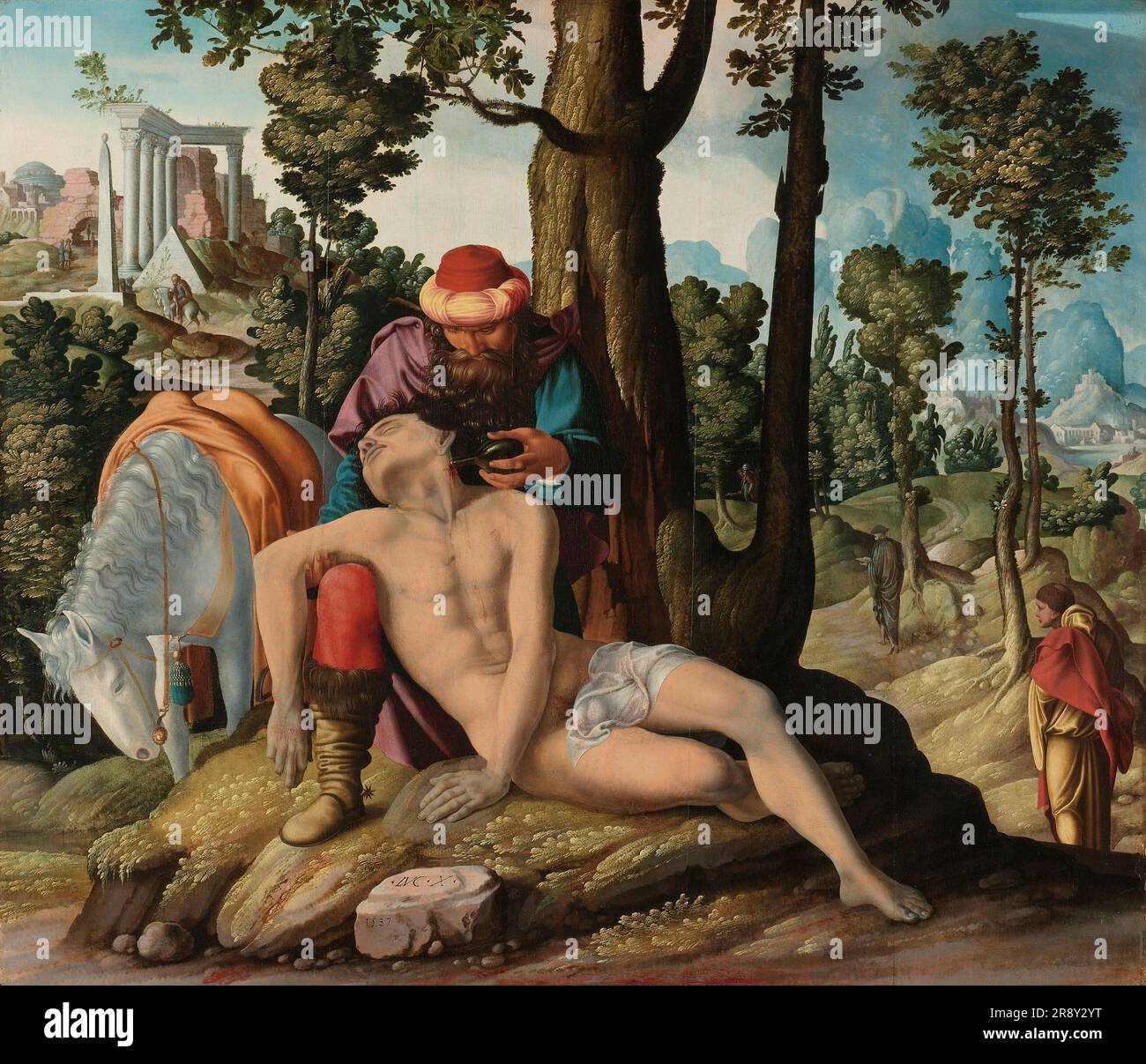 Le bon Samaritain, 1537. Un voyageur se rendant à Jéricho de Jérusalem a été volé et laissé pour mort par des voleurs. Les voleurs peuvent encore être vus: Ils apparaissent comme de minuscules figures, l'un portant une grande épée, s'échappant dans les arbres dans le fond du milieu. Plusieurs qui ont vu l'homme blessé passer, d'abord un prêtre puis un lévite, dépeint ici à droite comme un ecclésiastique vêtu de noir et un moine. C'était un Samaritain, dont le turban l'identifiait ici comme un turc, qui était le seul qui s'arrêtait pour avoir tendance à l'homme blessé. Il s'est démonté devant un arbre avec un tronc creux, et il s'agenouille à Banque D'Images