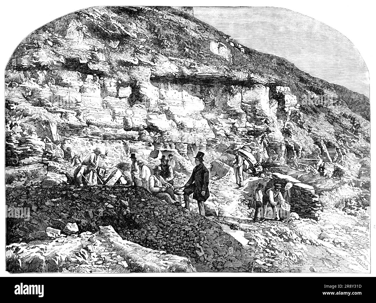 Scène des découvertes géologiques à Swanage, Dorset - d'après une photo de F. Briggs, 1857. 'Les fouilles... sont intéressantes comme la scène de découvertes géologiques importantes [y compris] les mâchoires d'au moins quatorze espèces différentes de mammalia... il était supposé jusqu'à très récemment que peu si une mammalia était à trouver sous la roche tertiaire; et ce soi-disant fait était très confortable pour ceux qui soutiennent la doctrine du "développement progressif"... qu'un poisson, par une simple durée de temps, est devenu un reptile, un lémurien, un singe, et enfin un singe, un homme. Mais... Un lit très ancien de la Banque D'Images