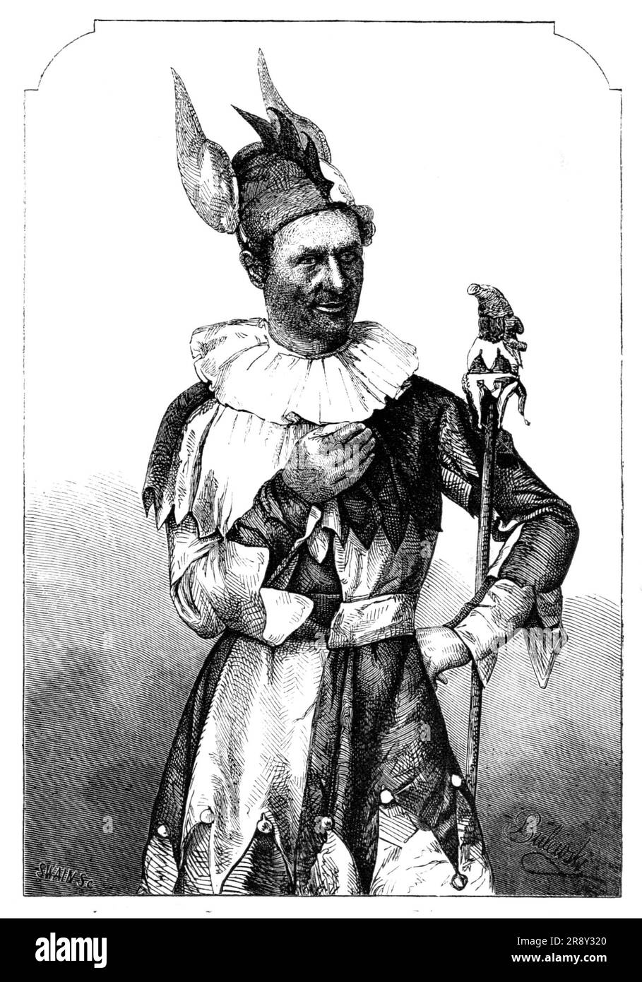 M. Compton, du Théâtre Royal Haymarket, comme "Touchstone", 1857. Portrait d'une photo de Mayall. Henry Compton '... a joué l'ensemble de cette belle série de personnages qui nous sont familiers comme les clowns de Shakspeare... il a montré une originalité décidée de conception, et... une merveilleuse force d'humour sec, comme nous pouvons imaginer Shakspeare lui-même intentionnel. Que son action est tout à fait naturelle, que quelqu'un dise qui a vu son Touchstone, dans "comme vous l'aimez"... Shakspeare a placé une partie de sa meilleure philosophie dans la bouche de ses clowns; ils ne sont pas des buffles Banque D'Images