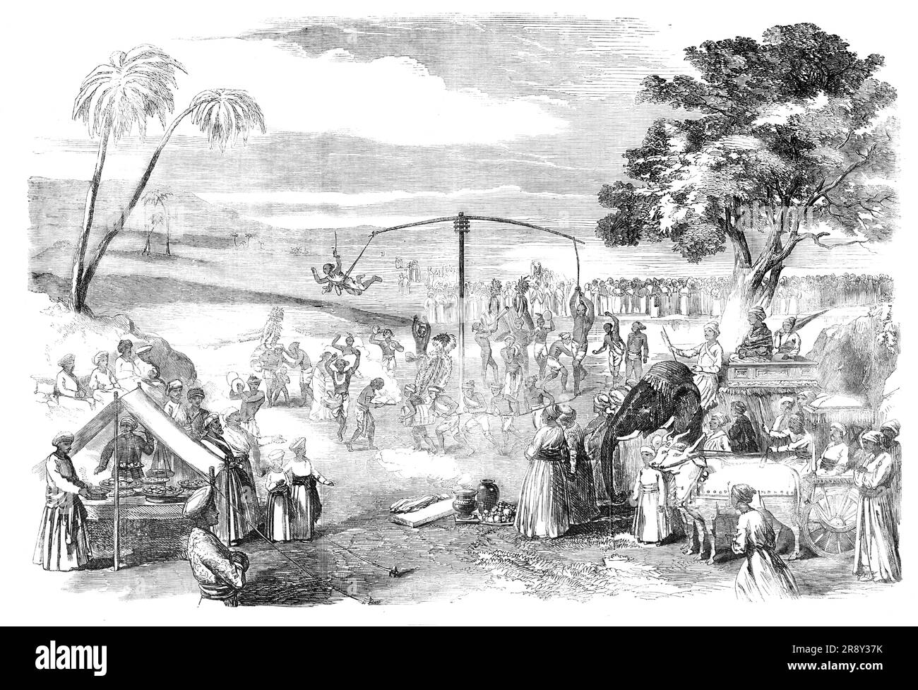 Un festival d'oscillation en Inde, 1857. '... l'indigène infesté qui devait être balancé est venu, au milieu du battement de tambours indiens et des cris du peuple. L'homme avait une expression sauvage de visage, avec ses yeux criant, étant sous l'influence du bhang [narcotique], dont il avait consommé de grandes quantités... pour soulager la douleur. Le malheureux natif avait deux grands crochets en fer... poussé à travers son back...from que le sang courut... ils ont tiré vers l'autre extrémité du poteau... et ensuite couru à une grande vitesse pour l'espace d'un quart d'heure . Toute cette fois-ci, l'homme pauvre était suspe Banque D'Images