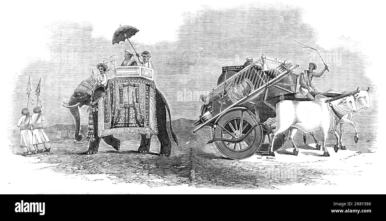 Harbee Nawab et Attendants - Elephant Prince; chariot de Bullock pour enlever les bagages, 1857. « L'état d'un prince natif, sur son éléphant, a été souvent décrit, et a été assez bien imité dans les spectacles d'Astley... le chariot à boulette, pour enlever les bagages, est un véhicule plus humble, et construit pour lui permettre de résister à l'usure des routes abominables qui abondent trop généralement dans ce pays". Gravure '...copié à partir de dessins d'artistes autochtones, certains sur ivoire, d'autres sur talc. Ils sont en la possession de MM. Smith et Co., de Leadenhall-Street, et le sont Banque D'Images