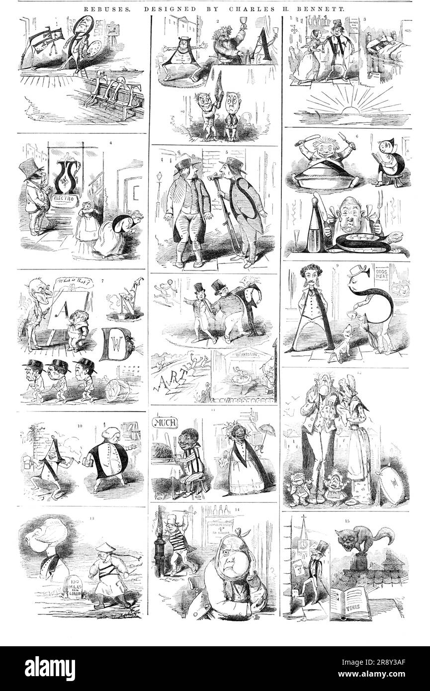 Rebus, conçu par Charles H. Bennett, 1857. Un rebus est une sorte de puzzle de mot qui utilise des images pour représenter des mots ou des syllabes. De "Illustrated London News", 1857. Banque D'Images