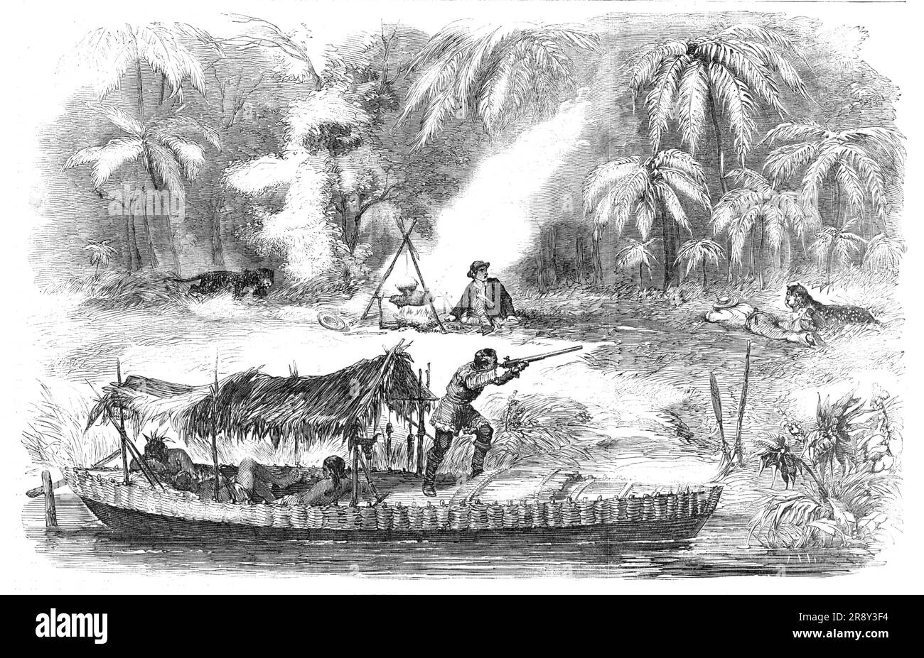 Un arrêt de mi-journée sur le Rio Trombuta, Brésil, 1857. « Parmi les expériences du revolver Colt, nous ne savons rien de plus intéressant que celles de M. Catlin, le célèbre explorateur et sportif américain, ou plus décisif quant à son efficacité. Tout en descendant la rivière Trombutas...in en canoë, Catlin avait l'habitude de passer les chaleurs de mi-journée sous l'ombre sur la rive. Un jour, il torréfaction un porc sauvage pour le dîner et vit un grand panther...playing avec les jambes de son compagnon qui était endormi... Catlin s'est lentement abaissé pour son fusil revolver qui avait été laissé dans le bateau. Mais la panthère avait pu Banque D'Images