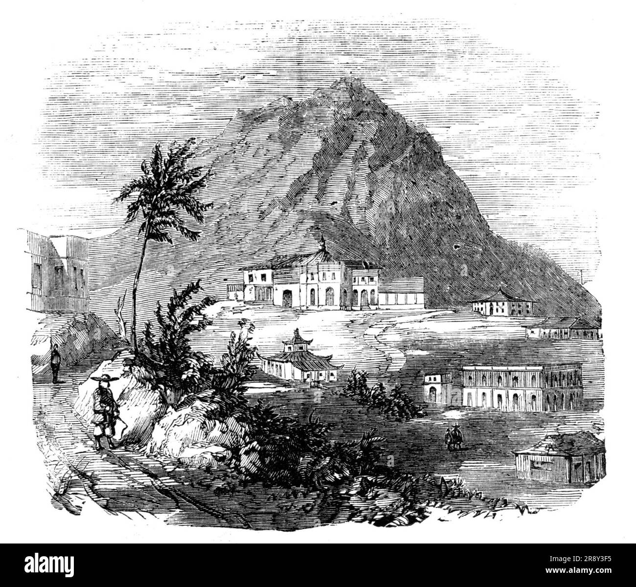 Victoria Peak, Hong-Kong, 1857. Gravure d'un croquis '...par le regretté Arthur V. Johns, Esq., H.C.S....[près] de la ville de Victoria, île de Hong-Kong... une vue nord-est de Victoria Peak, 1800 pieds de haut, pris du maître de port Flagstaff, montrant la maison de Caine, tard la résidence du gouverneur Sir John F. Davis, Bart. Ci-dessous se trouve un bungalow chinois, le premier bâtiment solide érigé sur Hong-Kong comme résidence européenne en 1841, par l'actuel Lieut.-Gouverneur, le Col. Caine; à droite, sur le versant de la colline, le complexe de la magistrature et de la prison. De "Illustrated London News", 1 Banque D'Images