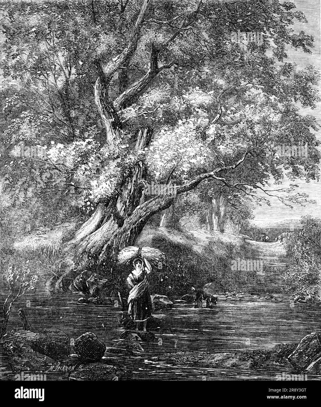 "Over the Brook" - peint par G. Chester, de l'exposition de la Société des artistes britanniques, 1857. Gravure d'une douleur. « Les lignes de M. Mark Lemon, qui accompagnent le titre de la peinture dans le catalogue, sont si appropriées et suggestives que nous ne pouvons pas faire mieux que des citer: "Au-dessus du ruisseau, Marie; au-dessus du ruisseau! Il n'y a pas d'autres yeux à proximité, mais le mien à regarder. La burthée brune de ton automne, je te transporterai, et un sourire et un mot me seront versés". Nous savons à peine pourquoi, mais l'incident de traverser un ruisseau est un sujet extrêmement favori avec les deux p Banque D'Images