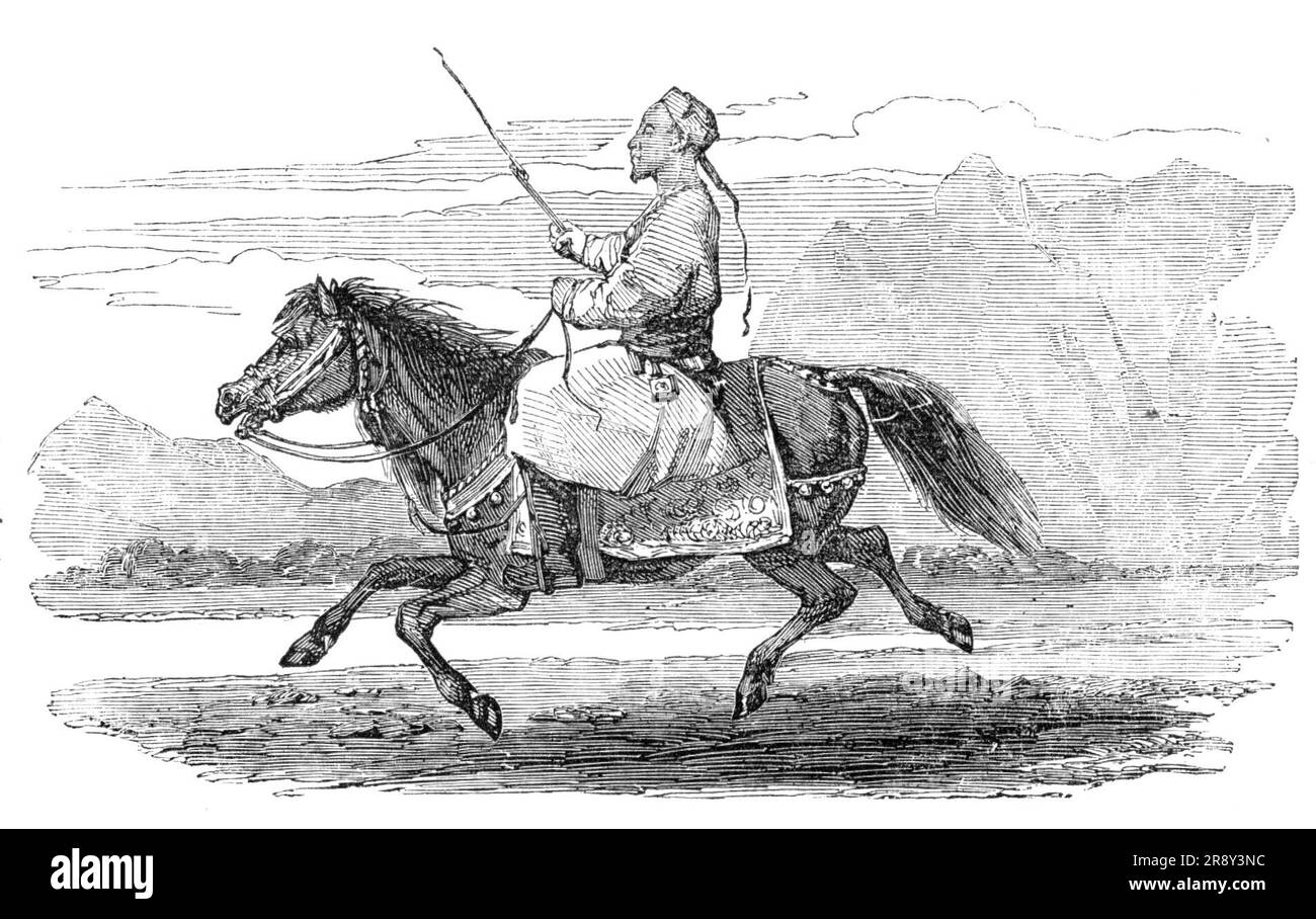 Esquisses en cachemire - Tartar de Ladak, et Yarkund Pony, 1857. Un '...Tartar de Ladak, monté sur un poney de Yarkund- le mode habituel de voyage à travers ces zones montagneuses'. De "Illustrated London News", 1857. Banque D'Images
