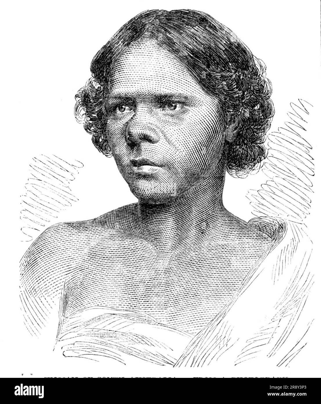 Esquisses en Australie méridionale - Femme d'Australie méridionale, d'une photographie, 1857. « Les caractéristiques des aborigènes ne sont pas agréables, car elles sont très grossières. Leurs lèvres sont épaisses, avec des nez plats et des fronts bas et reculés. Ils ne sont pas, en général, grands ou bien faits, ni particulièrement forts. Leur présence en de tels chiffres les rend dangereux. Le nombre d'autochtones n'est pas grand, et il diminue régulièrement. Plusieurs tribus ont déjà complètement disparu. De nombreux efforts ont été faits pour les protéger, et pour les inciter à adopter des habitudes stables et industrieuses, mais Banque D'Images