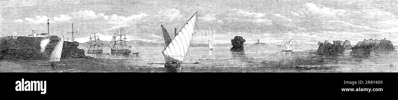 Expédition perse - Minora point and Lighthouse, port de Kurrachee [Karachi], Oyster Rock, Eglise et ville de Kurrachee, Oyster Rocks, 1857. Croquis '...par un officier, dans les routes de Bushire, montrant une partie de ce qui s'est passé pendant l'attaque et la capture de Bushire [Bushehr]: Vue du port de Kurrachee à l'extérieur du Bar - les 2nd Européens se sont embarqués de cet endroit. Beaucoup d'entre eux souffraient de fièvre et soixante-dix des 1st Fusiliers leur avaient été transférés. L'objet principal dans la ville est l'église, un bâtiment avec une grande tour laid, qui fait une marque capitale pour entrer t Banque D'Images