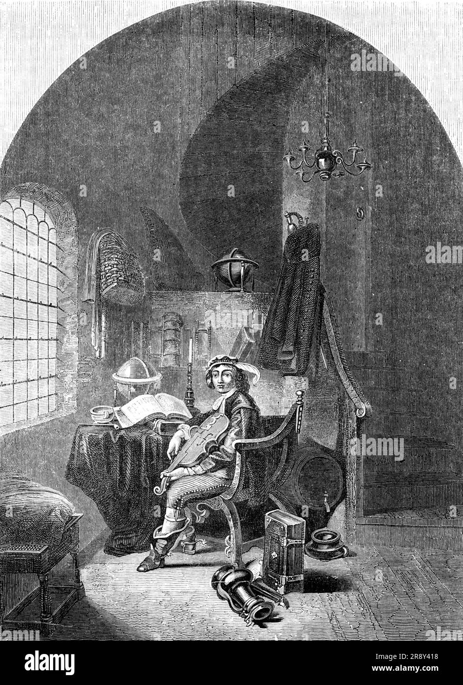 Portrait de Gerhard Douw de lui-même, 1857. Gravure de "un intérieur avec un jeune joueur de Viola", une peinture de l'artiste néerlandais Gerrit Dou (1613-1675). On croyait qu'il s'agissait d'un autoportrait de Douw, '...seated dans son étude en costume de gala complet, amorcé et poussé - qui, de côté, ne correspond pas exactement au violon dans sa main et au livre de la lettre noire Lore ouverte devant lui. En arrière-plan pendent le manteau et l'épée, un baril de bière et une paire de globes complètent la collection hétérogène suggestive des diverses réalisations de Gerhard dans la musique et la littérature, et d'un vouloir de t Banque D'Images