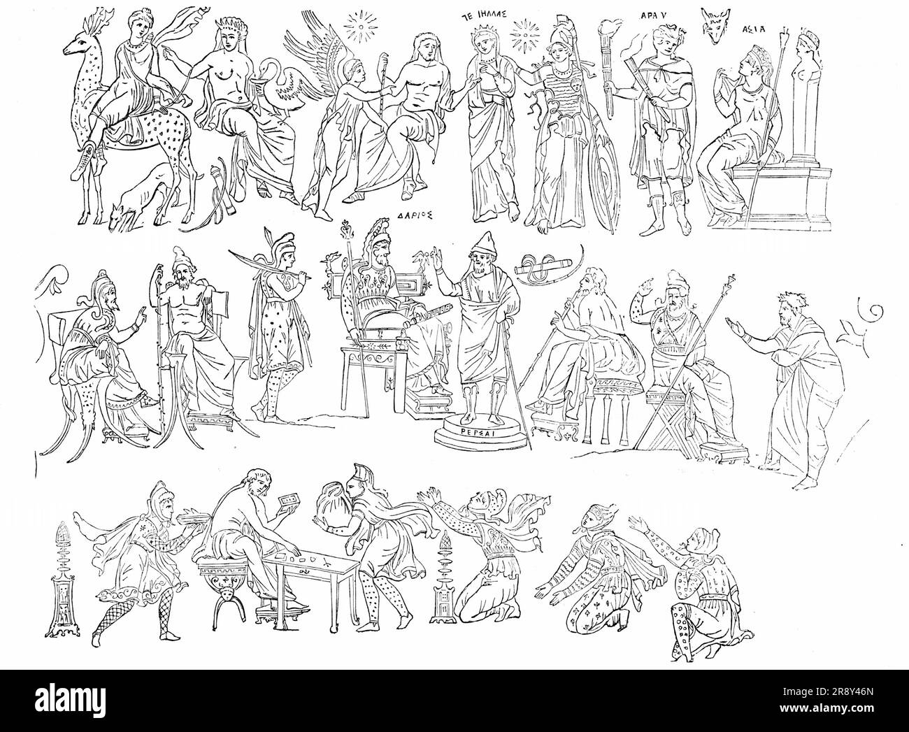 Figures du vase peint de Darius, 1857. 'Procession d'Apollon, Diana, etc.; Darius sur son trône, et les serviteurs; Satrap recevant des hommages. Cette œuvre exquise d'art antique est de la forme de l'Amphora des Pouilles, et est la plus grande qui ait jamais été découverte...[il dépeint] Apollon avec un cygne, Et Diana sur un cerf - les deux protecteurs de Greece...in la deuxième série de figures peut être vu Darius, roi des Rois, assis sur un trône, avec ses robes et son tiara richement brodés et bijoux..., dans la troisième série de figures, il y a un satrap, qui reçoit les hommages des provinces Banque D'Images