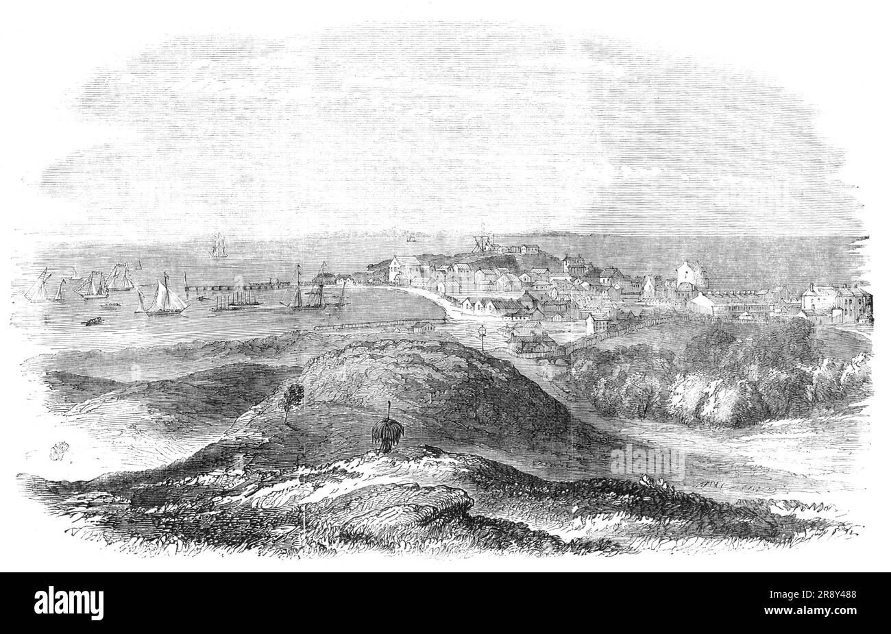 Fremantle en Australie occidentale: Rottnest Island, le nouvel établissement pénitentiaire proposé, au loin, 1857. "En référence au rapport de l'importante mesure présentée à la Chambre des communes... par Sir George Gray, on verra que l'Australie occidentale est la localité pour l'expérience gouvernementale de la déportation des condamnés à la servitude pénale..." l'Australie occidentale... possède un climat agréable, Et est sans lien avec d'autres parties de l'Australie (à l'heure actuelle) sauf par la mer, et est autant une île qu'une si entourée par elle. Les détenus ne peuvent s'échapper que par la mer, et les autochtones s'en délgent Banque D'Images