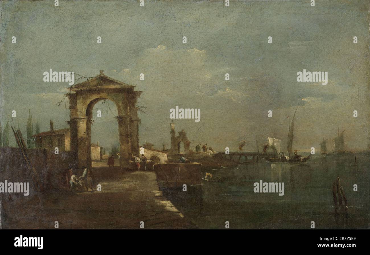 Paysage avec un quai et des navires sur un lac, 1760-1780. Autre titre(s): Vue sur le canal de Brenta près de Venise. Banque D'Images