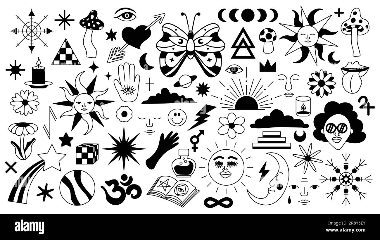 Arrière-plan magique de style rétro avec éléments dessinés à la main. Motif isolé de vecteur mystique décoratif. autocollants de contour modifiables. Élément ésotérique en m Illustration de Vecteur