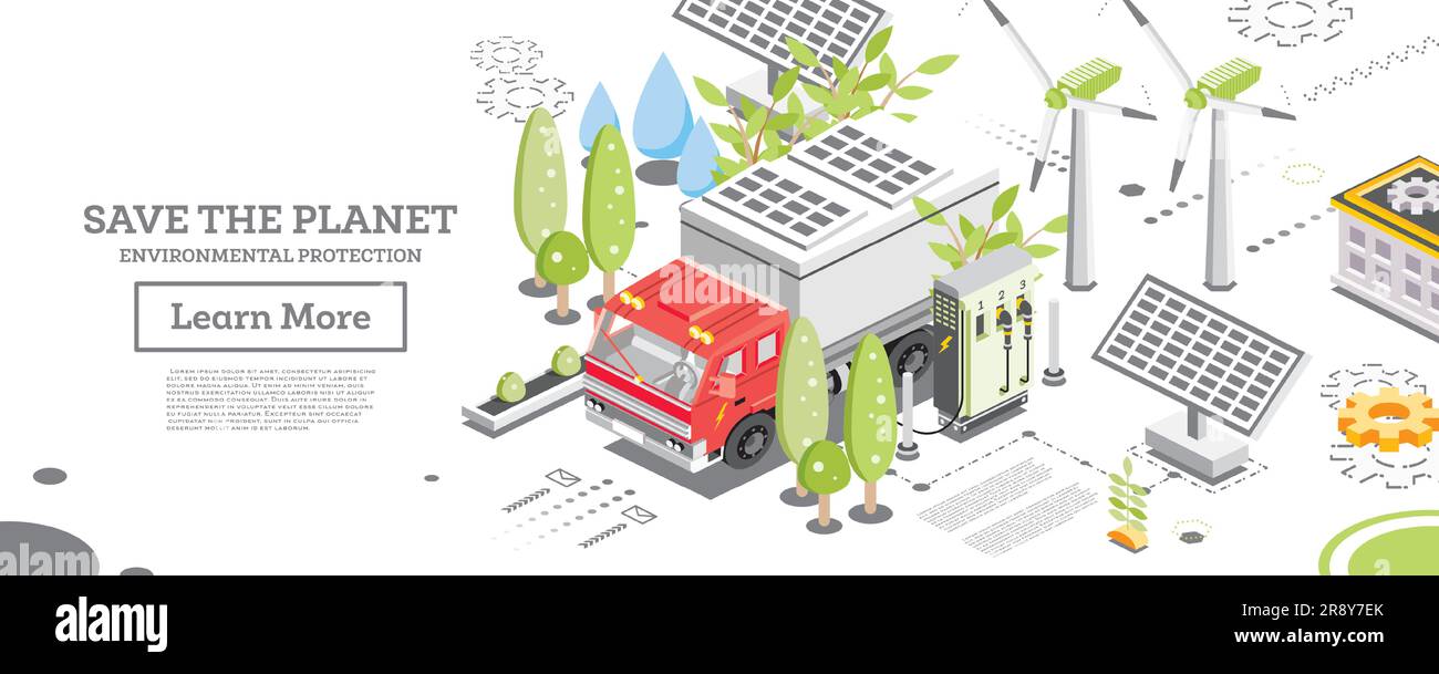 Chariot électrique avec station de charge. Concept isométrique. Panneaux solaires et éoliennes en arrière-plan. Enregistrez le concept Planet. Protection de l'écologie Illustration de Vecteur