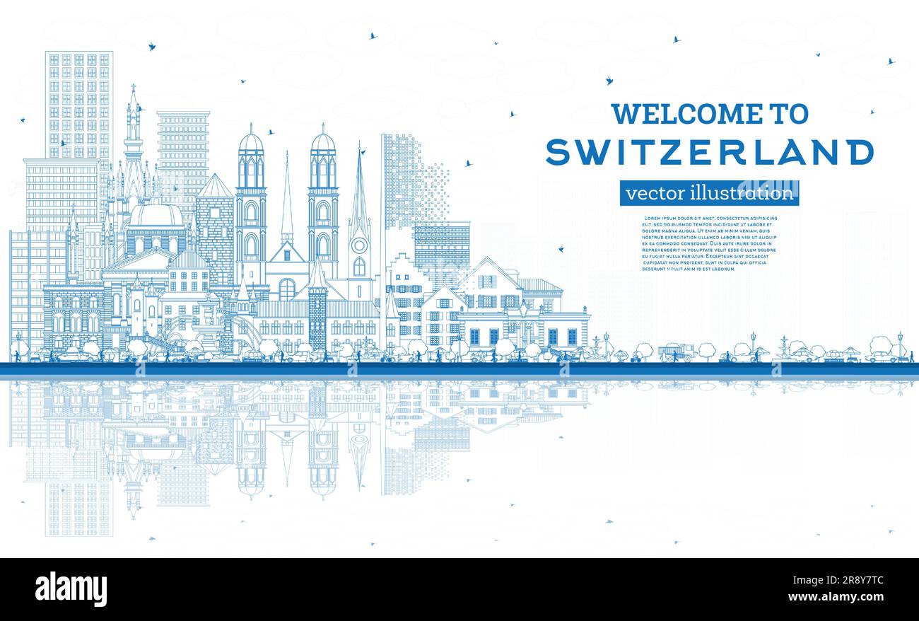 Bienvenue en Suisse. Outline City Skyline avec Blue Buildings. Illustration vectorielle. Architecture moderne et historique. Suisse Illustration de Vecteur