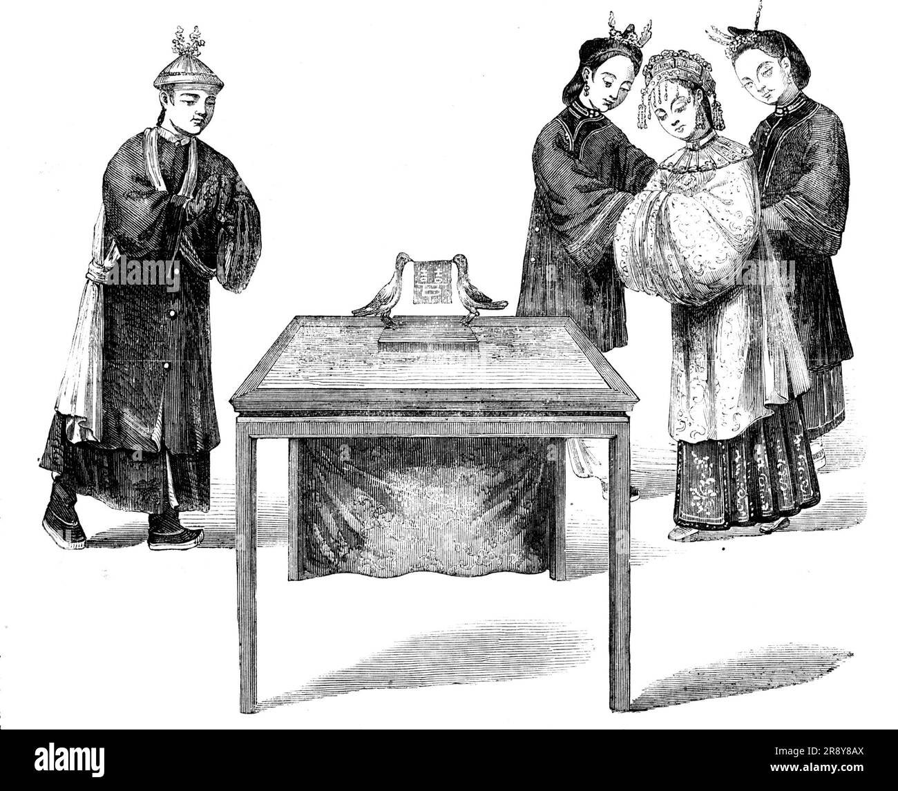 Forme d'un traité de mariage en Chine - tiré d'un dessin d'un artiste chinois, 1857. « Sur la table se trouve une tablette portant le nom des parties contractantes, avec des colombes comme supporteurs emblématiques... les mariages précoces sont encouragés en Chine ; parmi les mandarins et les classes aisées, l'âge matrimonial varie de seize à vingt ans chez les hommes; De douze à quatorze en femmes... une de leurs coutumes avant le mariage, bien que synonyme de notre mode d'envoi du portrait d'une dame, est plus extraordinaire. Comme le damsel ne peut pas être vu, sa chaussure est envoyée au gentleman, qu'il peut être permis à jud Banque D'Images