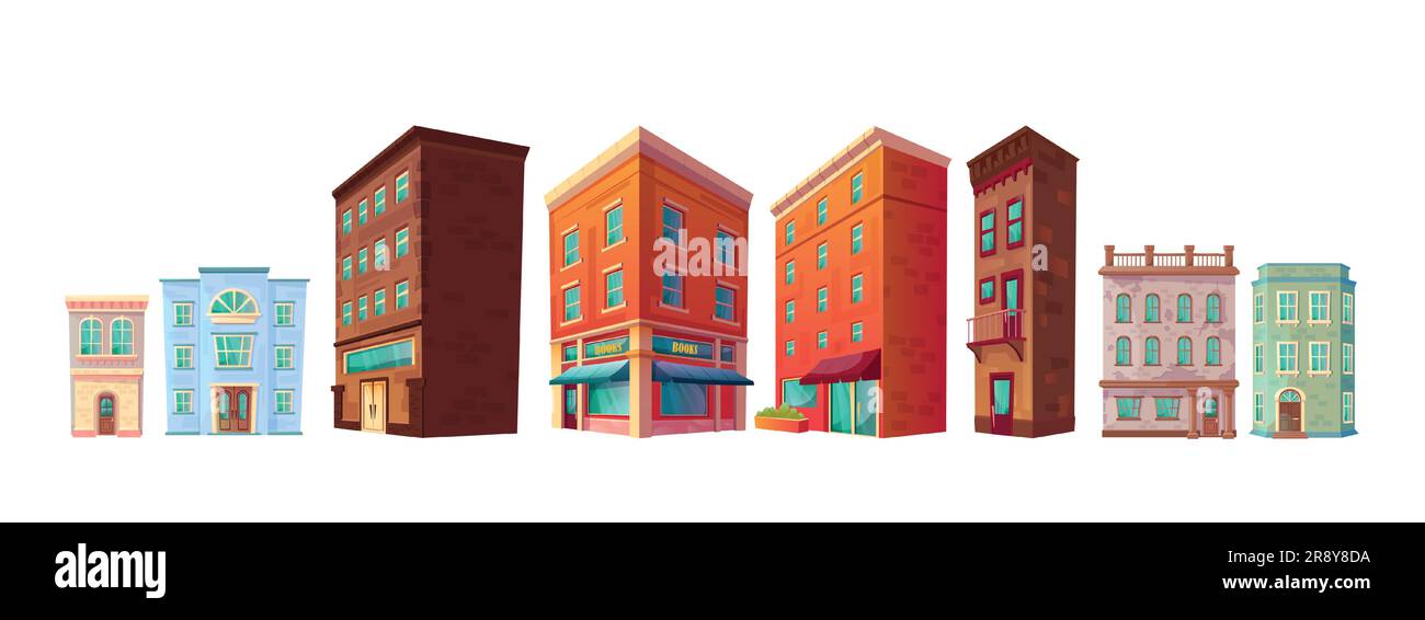 Vecteur ville rue bâtiment maison dessin animé ensemble d'icônes. 2d boutique urbaine rétro, appartement et magasin fenêtre extérieure clipart. Vue latérale de l'élément d'architecture de paysage urbain vintage. Collection de jeux de commerce Illustration de Vecteur