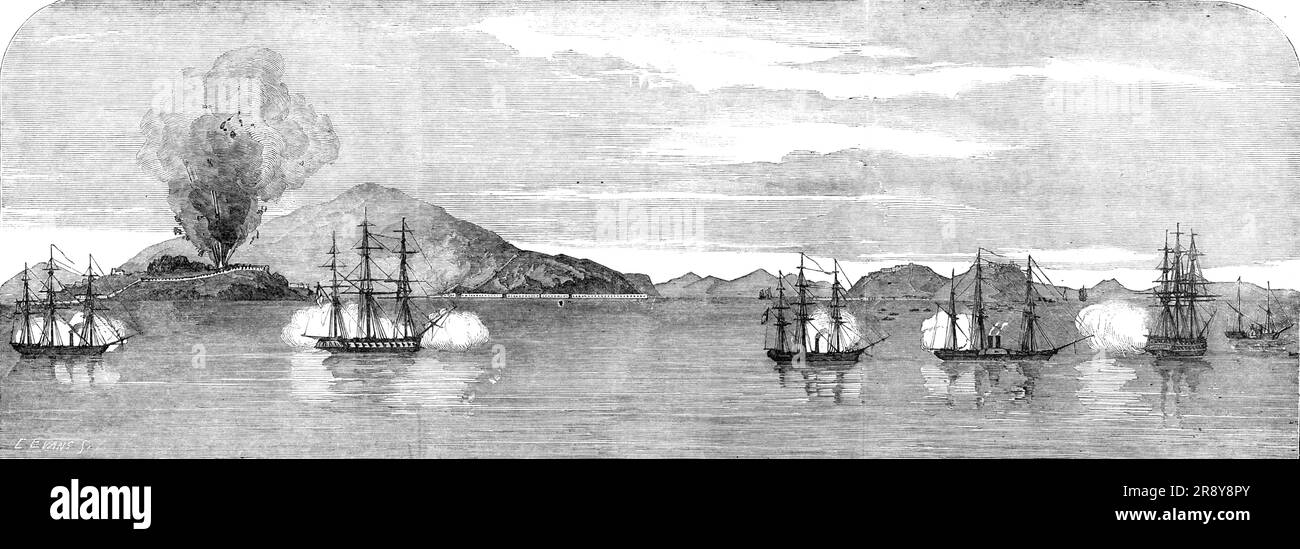La guerre contre la Chine - la capture des forts du Tigre Bocca par l'escadron anglais - l'attaque sur le Nord et le Sud Wantung, 1857. 'Encounter, North Wantung, Nankin, South Aminghoy, Hornet, South Wantung, [S.M.] Barracouta, Calcutta (vaisseau amiral), Coromandel. De "Illustrated London News", 1857. Banque D'Images