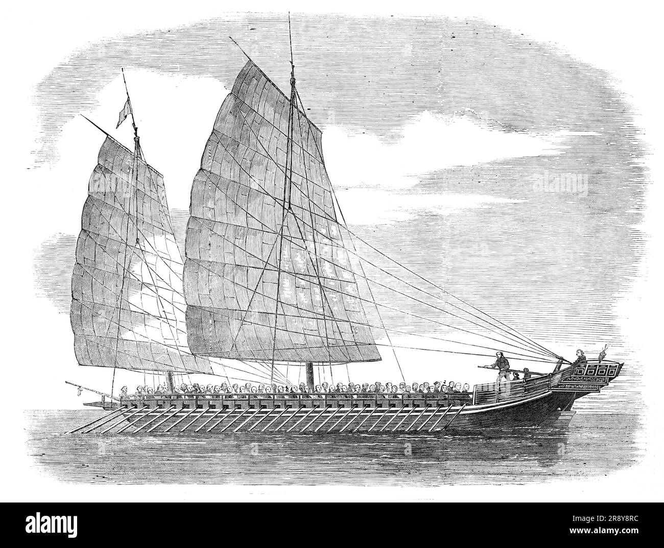 Bateau-pirate chinois à Canton - tiré d'un dessin d'un artiste chinois, 1857. 'La rivière essaiera de pirates... et ils portent leurs déprédations décontrôlées dans les dents mêmes des forts... les bateaux et les bateaux pirates sont construits de façon particulière, étant remarquablement rapide. Les équipages sont nombreux, et les navires sont entièrement armés de canons, de pivots, de matchlocks, de lances, de pikes-arraisonnement, Et d'autres armes d'une description offensive... dès qu'ils sont à la portée de leurs victimes, ils jettent à bord du navire condamné une grande quantité de boules de feu, de manière à produire une intolérable et la plupart Banque D'Images