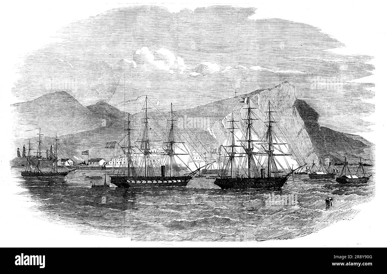 Arica, au Pérou, attaquée par l'escadron du général Viranco, 1857. 'Maison du consul britannique, H.M.S. Tribune, Frigate péruvienne - tirs de bateaux, navires-magasins péruviens... Heureusement pour les résidents étrangers le navire de sa Majesté Tribune, le capitaine Edgell, avait appelé le 24th, et, apprenant l'état des affaires, se rendit à Islay quand elle est tombée avec l'escadron, et a fait vapeur en compagnie. Sa présence a contribué dans une large mesure à la préservation de l'ordre après la chute de la ville, tandis que son personnel médical a été d'une grande assistance aux blessés des deux côtés. Trouver la ville n'a pas fait Banque D'Images