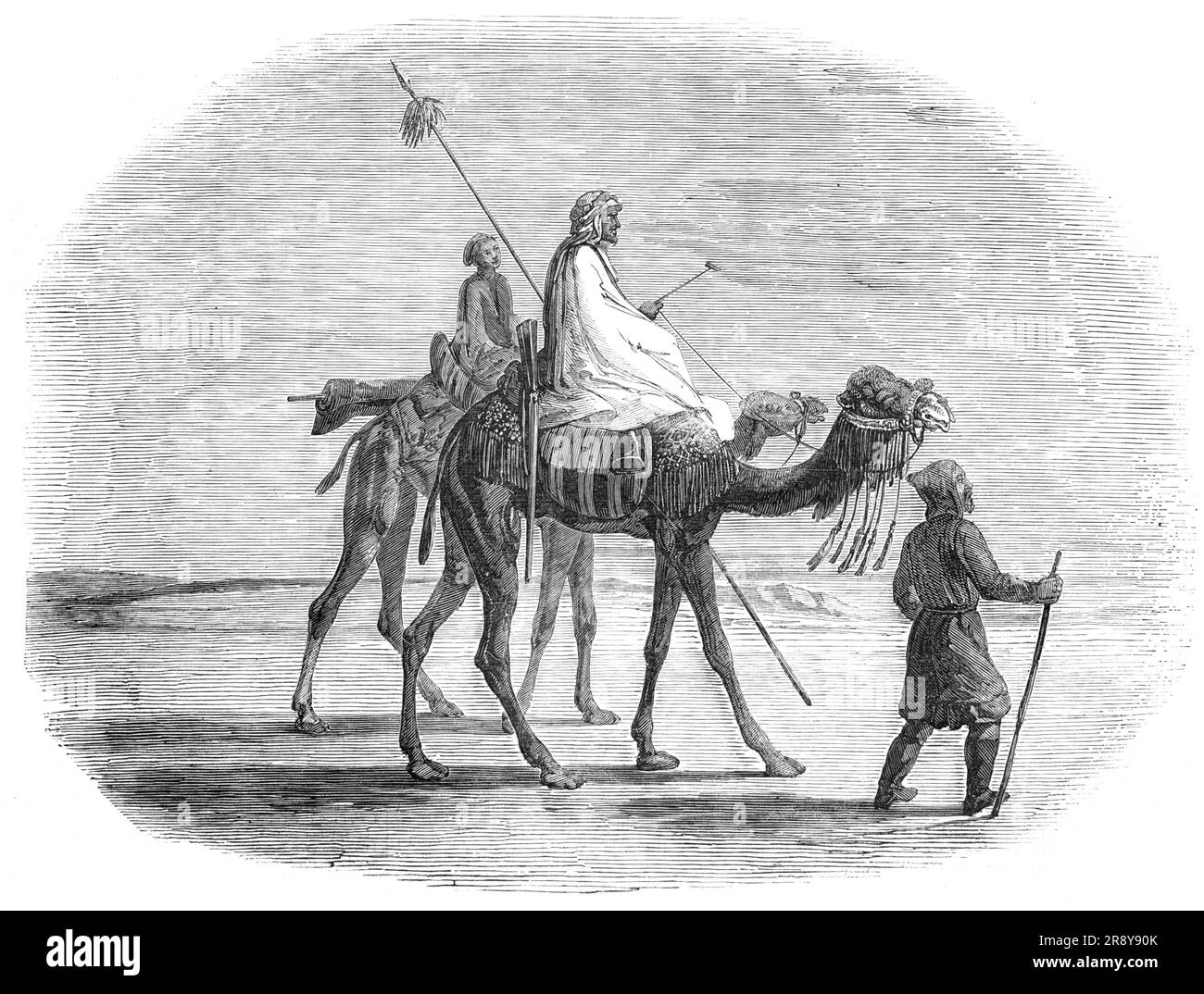 Rencontre en milieu de journée dans le désert, 1857. « Il y a un petit nuage de poussière à venir ! Les premiers sentiments qui se sont amusés sont l'alarme; cependant, ils s'estompent peu à peu quand les étrangers attirent la nuit: Ils se composent d'un groupe de deux hommes montés chacun sur un chameau, et d'un troisième à pied avec un énorme club entre ses mains - certains Arabes appartenant à l'une des tribus errantes, liés à l'Egypte civilisée sur un voyage spéculatif. La longue lance ou lance, décorée d'autruche et d'autres plumes, dénote le rang du voyageur; un fusil et un corset de pistolets complètent son armement... si nous pouvons juger par l'étonnement décrit Banque D'Images