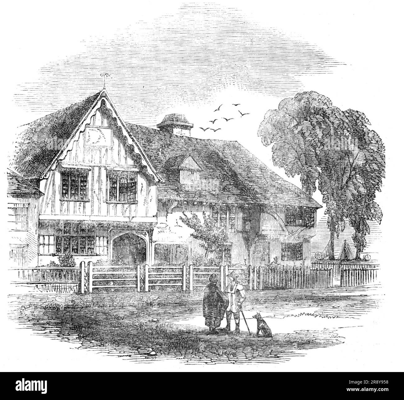 Partie d'un ancien fabricant de tissus de grand format, Cranbrook, Kent, 1857. '...in cette localité... la fabrication de tissu était à une période tenue en haute réputation; et Haasted, l'historien de Kent, affirme que c'était de tellement de conséquence, et à une telle estimation, que les plus grands propriétaires fonciers de la Weald ont suivi cette entreprise; Et presque toutes les anciennes familles, dont certaines sont aujourd'hui ennobrées, crachent et doivent leurs titres à des ancêtres qui ont suivi cette grande occupation de base... notre illustration montre une partie de ce qui était il y a des années l'une des principales manufactures de tissu à Cranbrook, les bâtiments s'étendent Banque D'Images